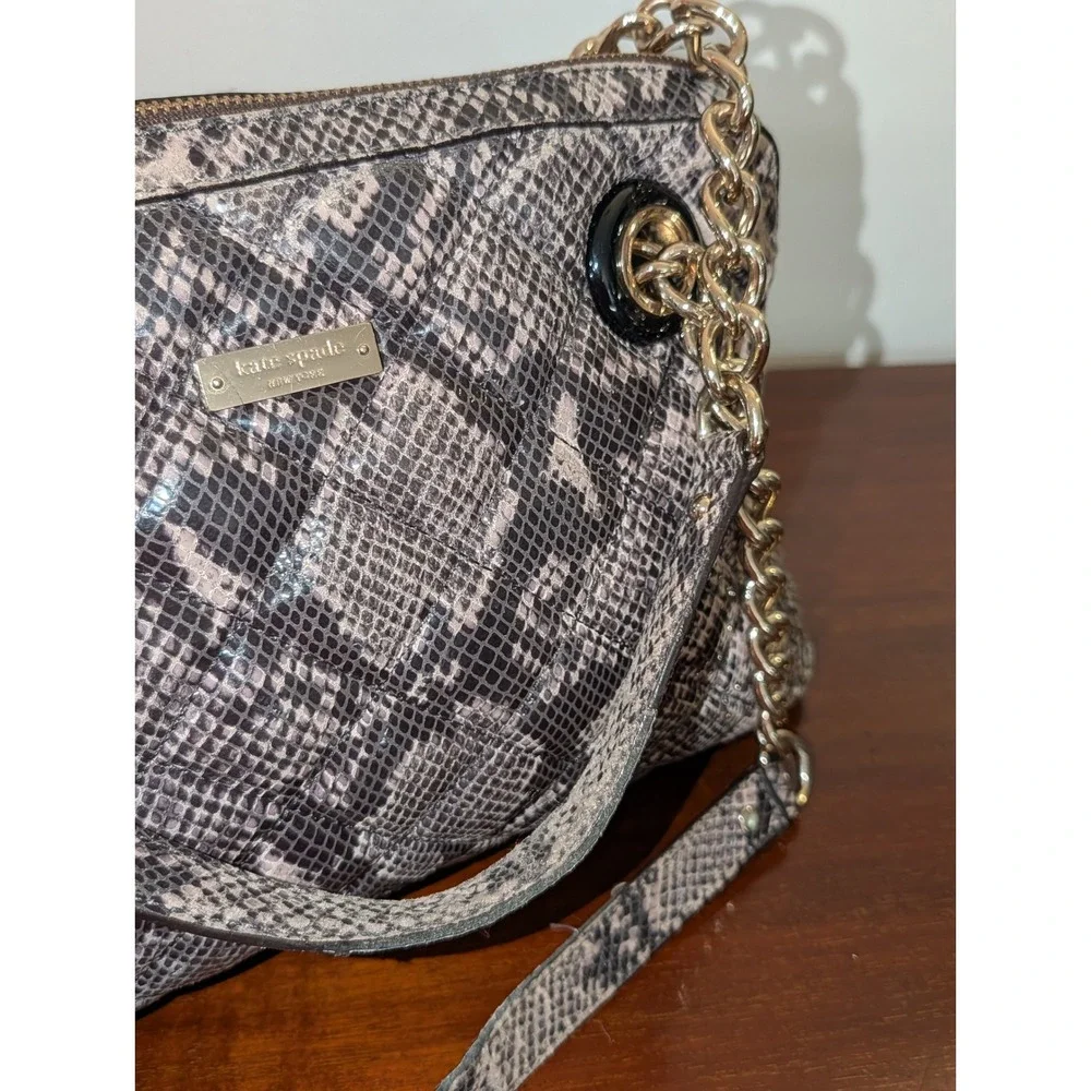 Kate Spade Grey Snakeskin Print Quilted Shoulder Bag Gold Chain Strap Mob Wife